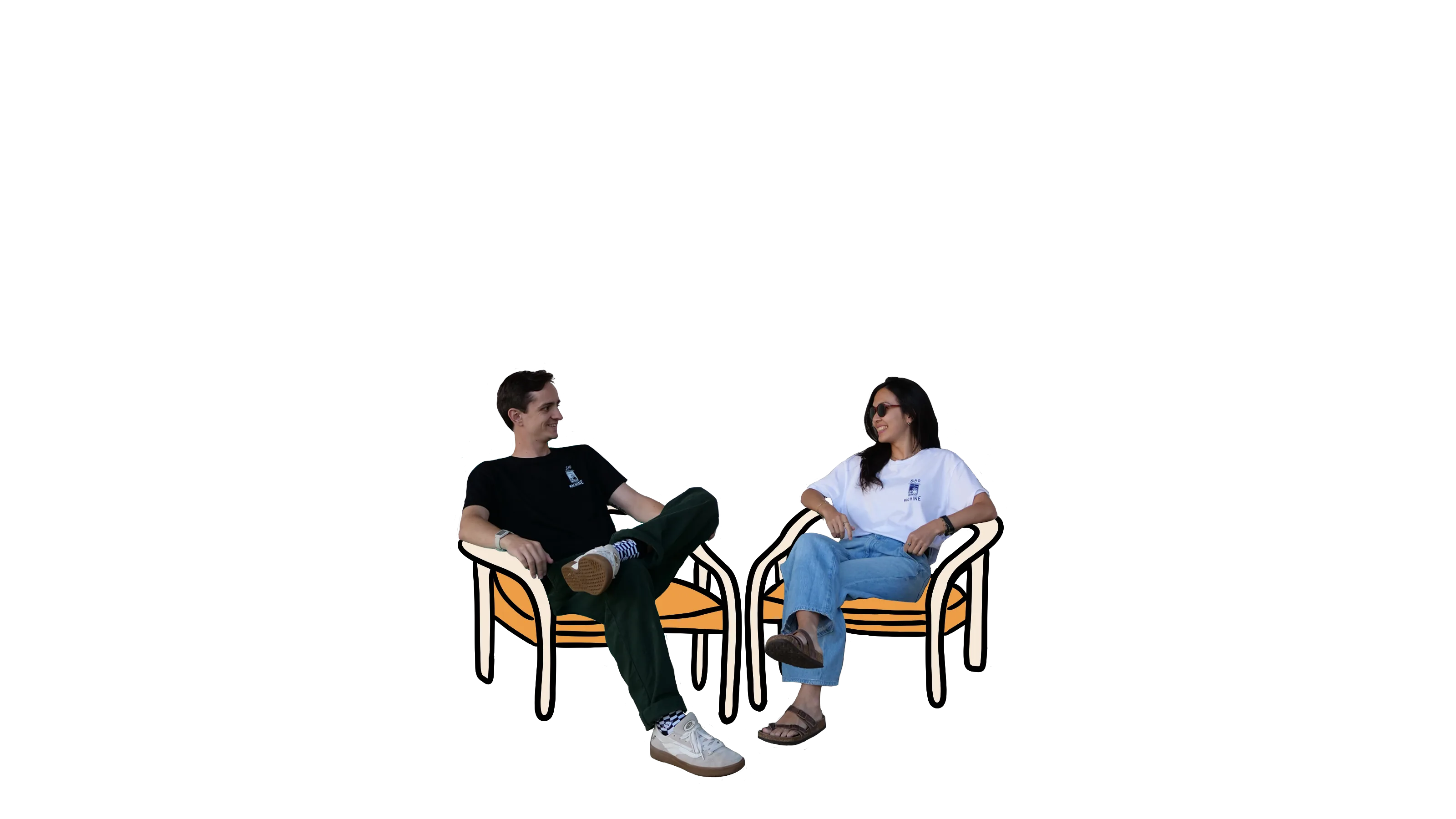 Jony and Annie sitting on plastic chairs.