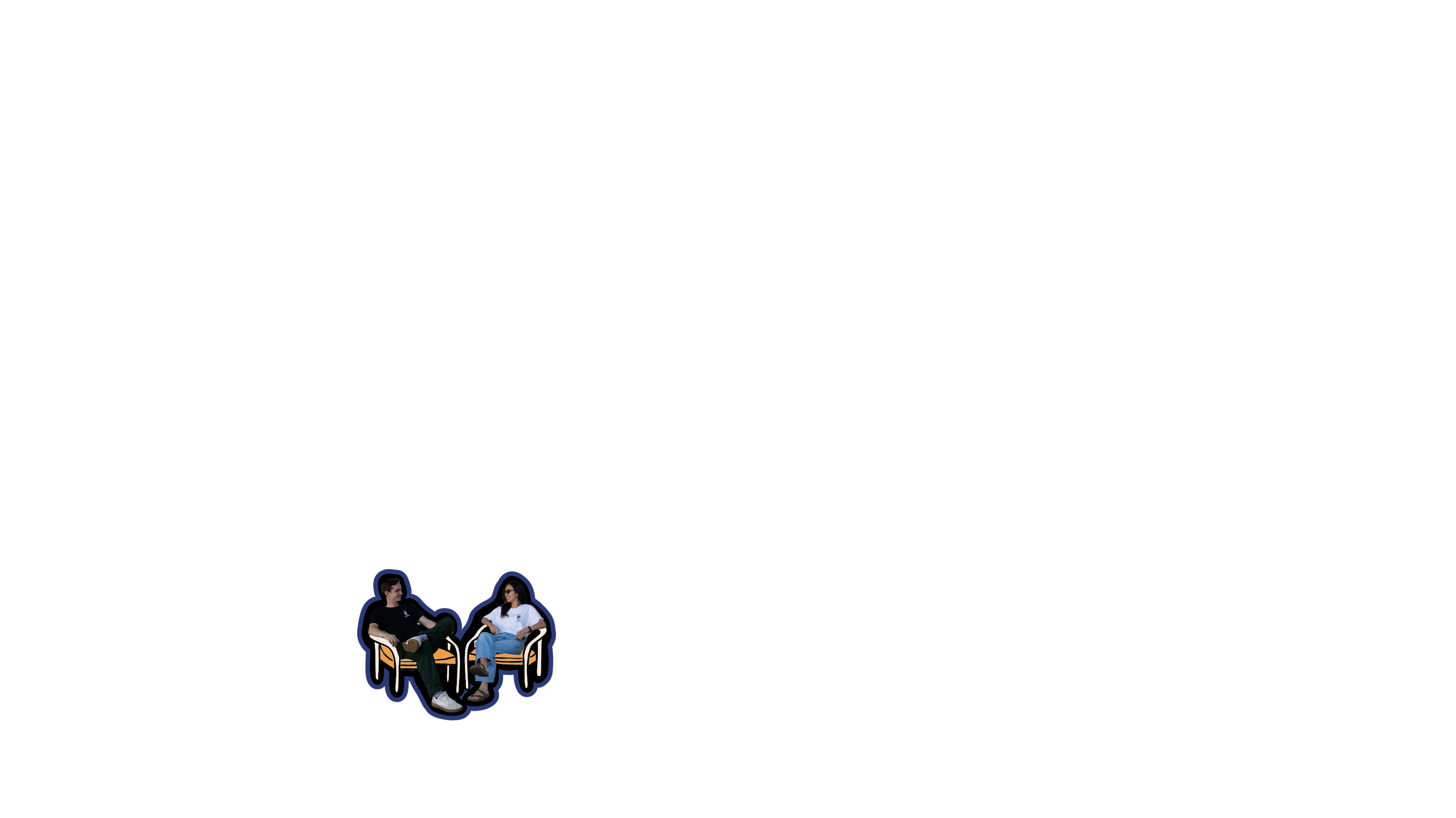 The founders sitting on chairs, outlined in a checker pattern.