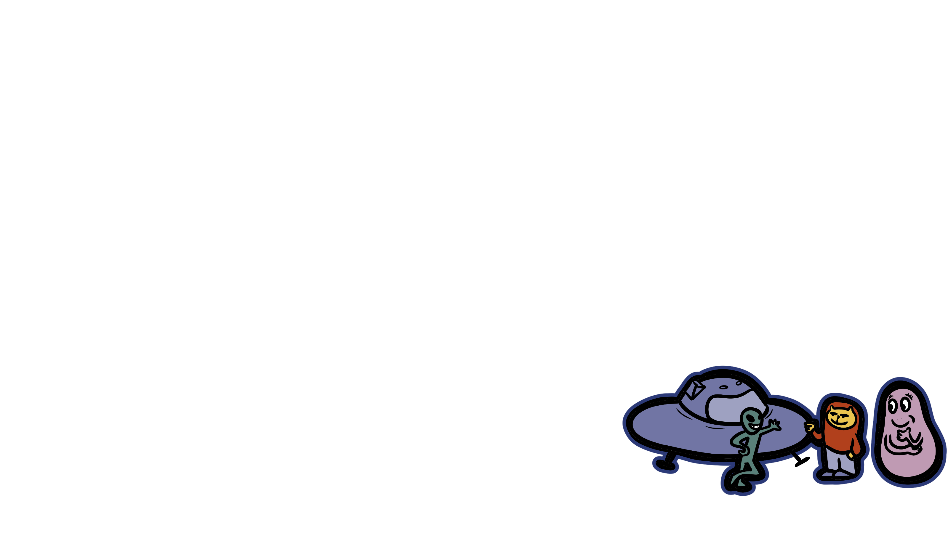 Locals: an alien with a flying saucer, a cat, and a friendly blob, outlined in a checker pattern.