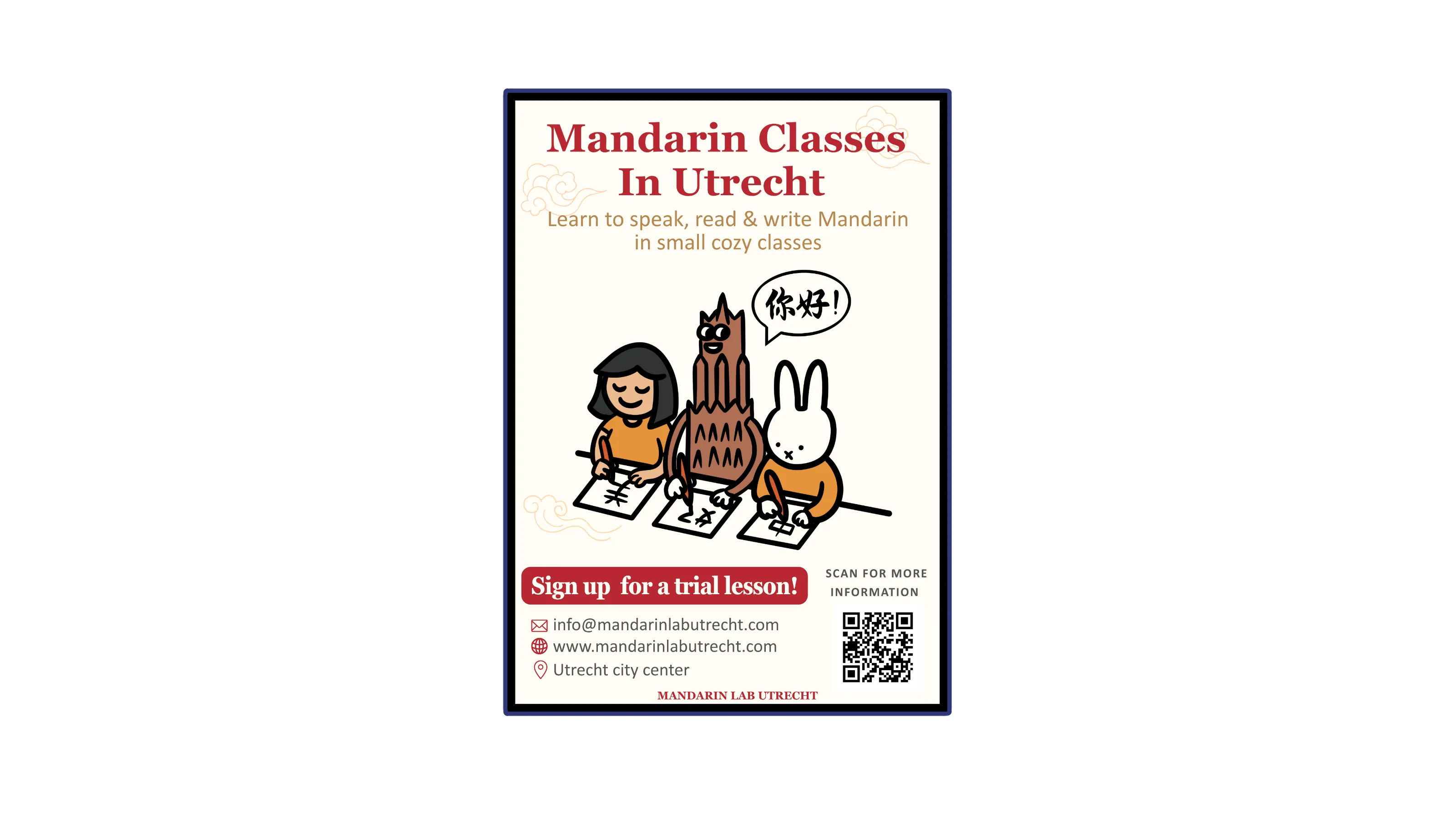 A poster for Mandarin Lab Utrecht, with a QR code to their website.